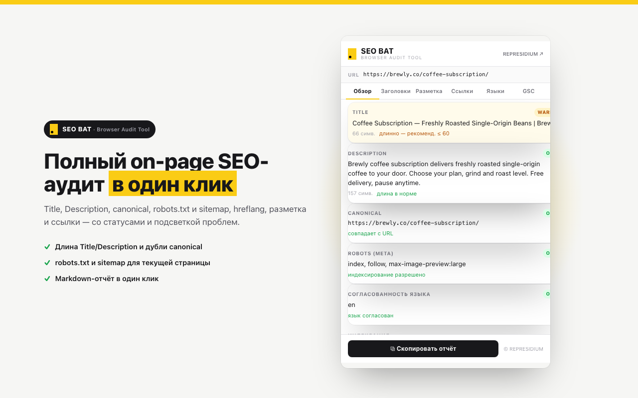 Screenshot: technical on-page analysis of a page